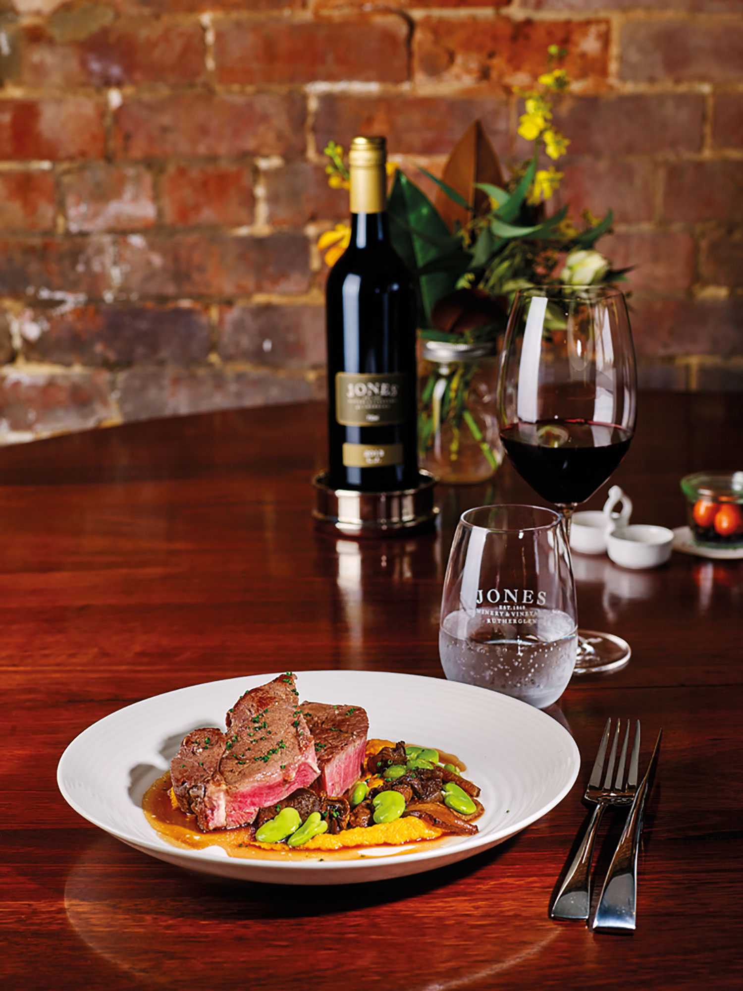 Beef, cooked sous vide, with carrot and chick pea purée, forest mushrooms and port-red wine sauce