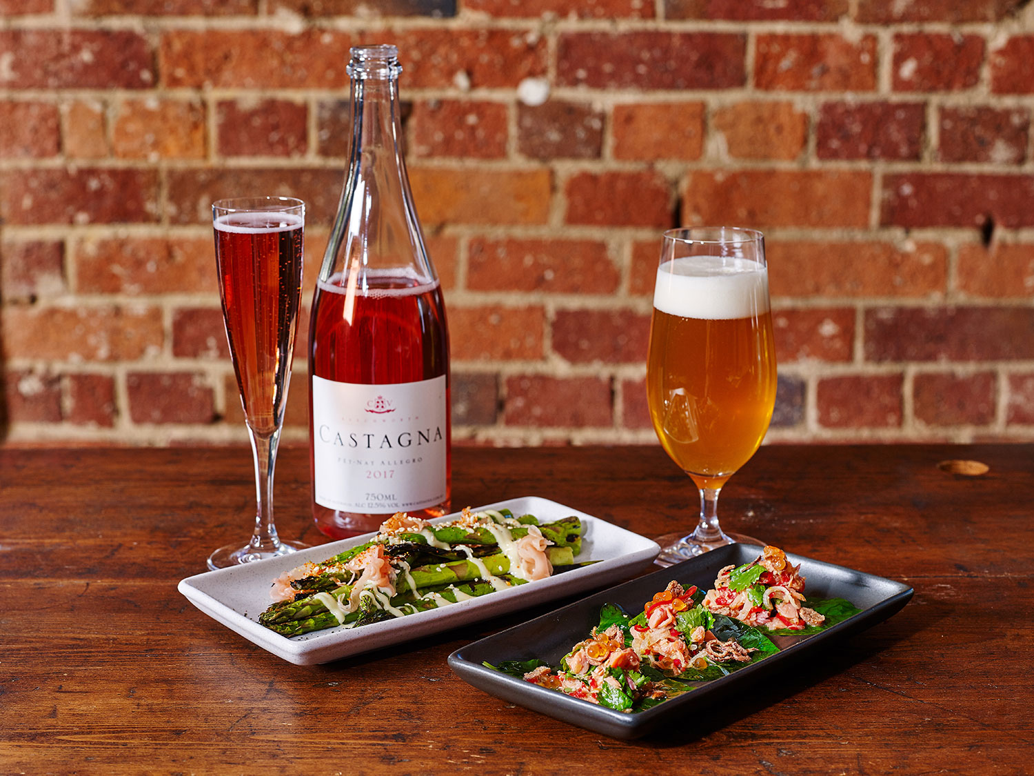 Grilled Asparagus with miso mayo; Betel Leaves with smoked trout and chilli jam