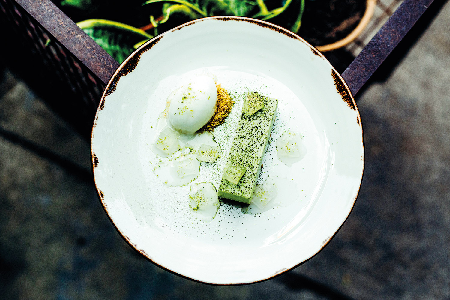 Matcha Cheesecake with yoghurt and yuzu sorbet