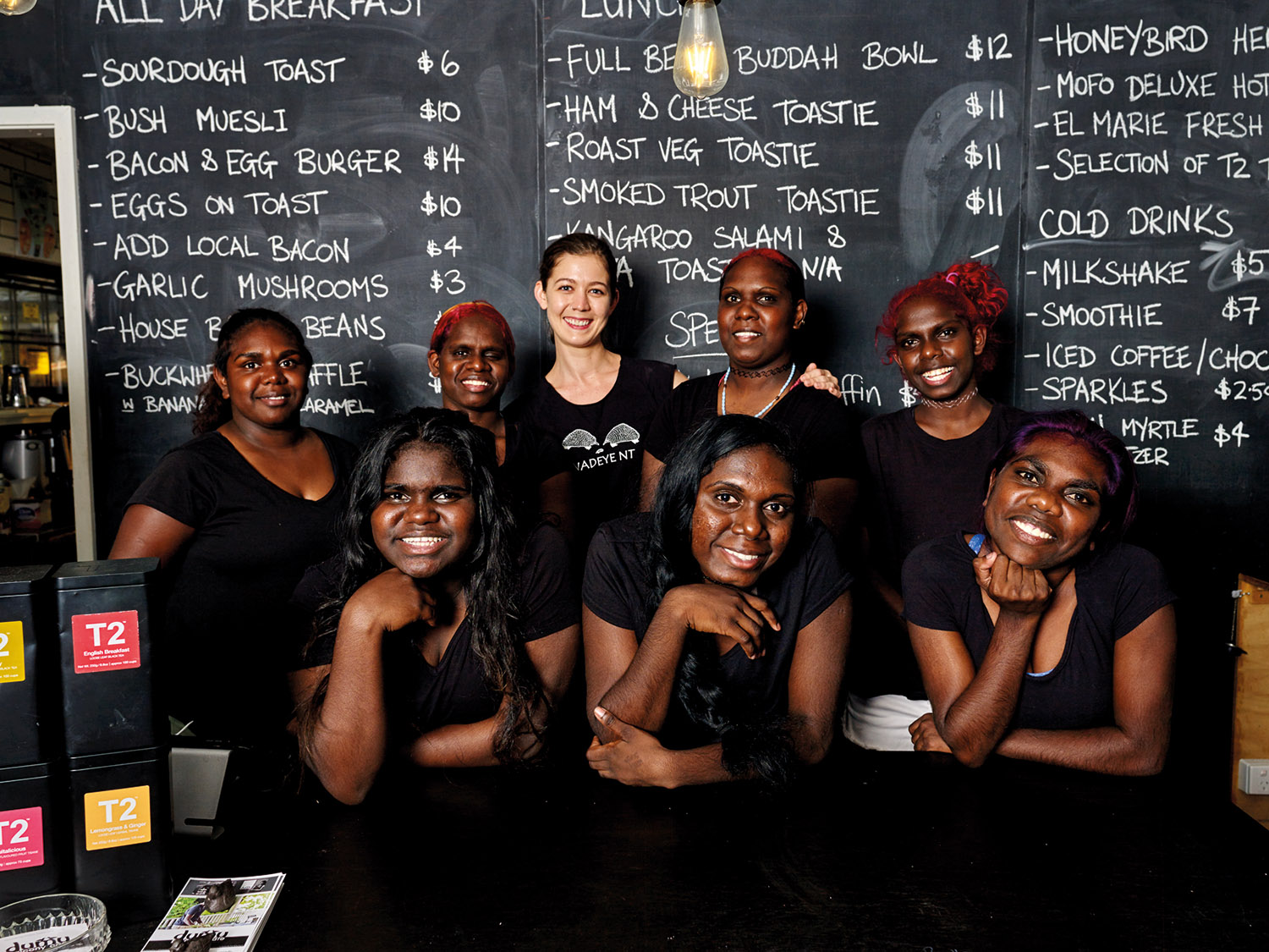 Fresh faces from Australia’s top end at Dumu Balcony Café, from left: Melanie Cook (back), Amaya Harris (front), Bernice Bitting (back), Danielle Chettleburgh (back), Lauren Bitting (front) Margaret Bitting (back) Veronica Munar (back) and Beatrice Bitting (front).