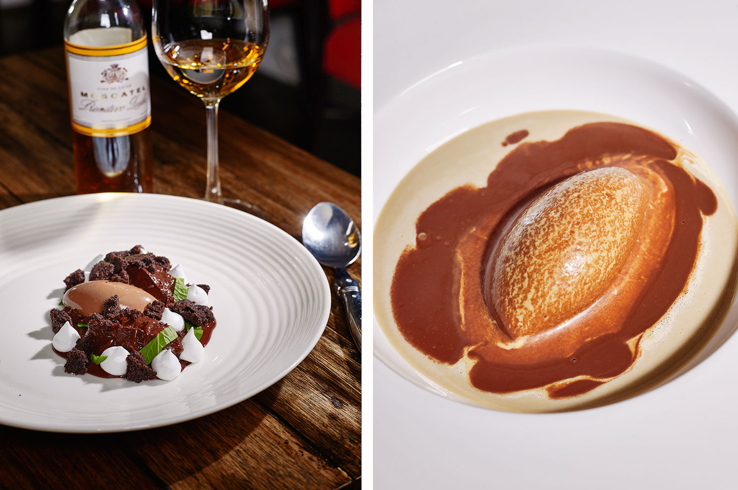 Desserts: Chocolate & Mint (left); Liquorice and coffee – Coffee sorbet, rich liquorice custard, and chocolate in different textures