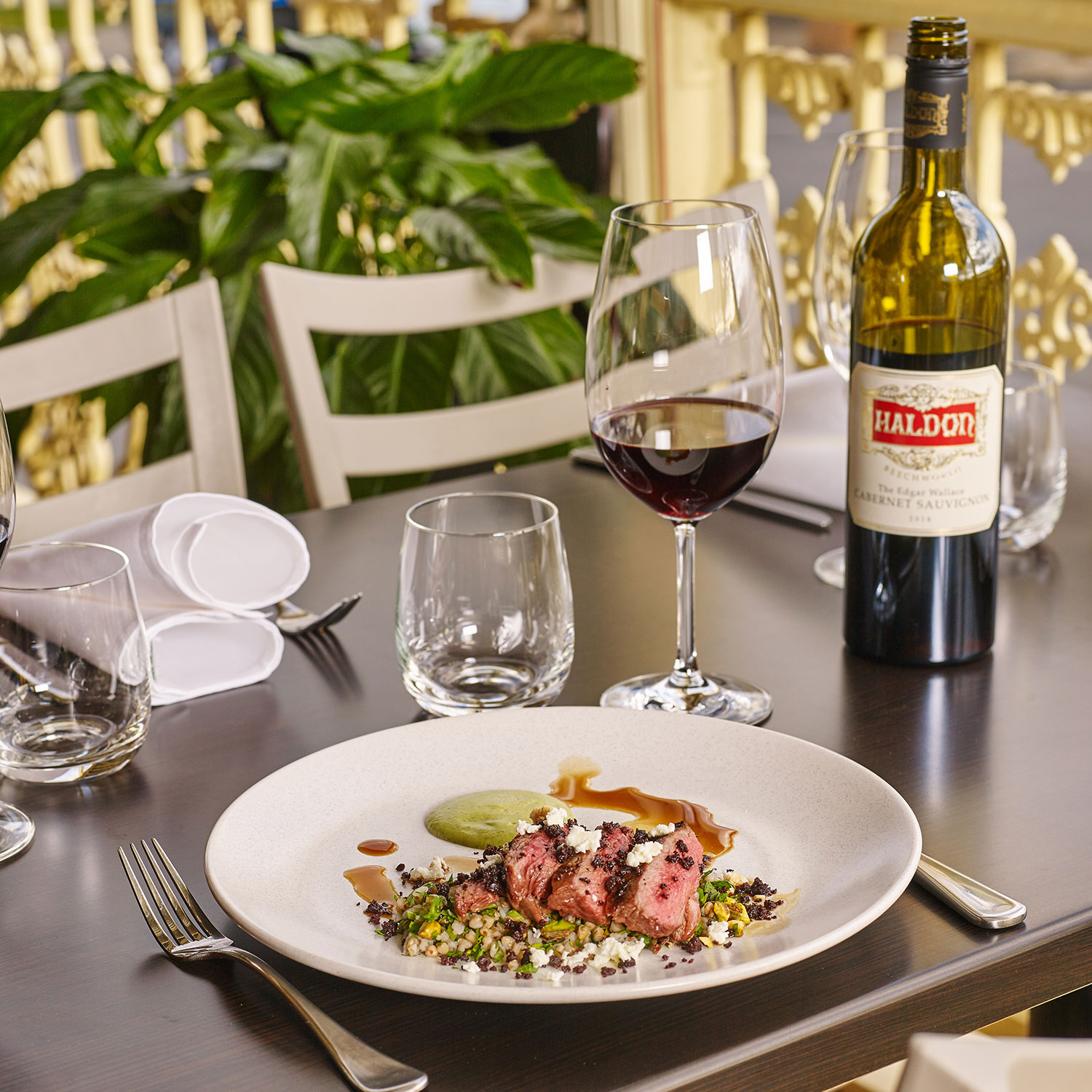 Lamb rump, buckwheat & pistachio pilaf, zuchinni & fetta cream, with Haldon Estate (Beechworth) 2014 Cabernet/Sauvignon