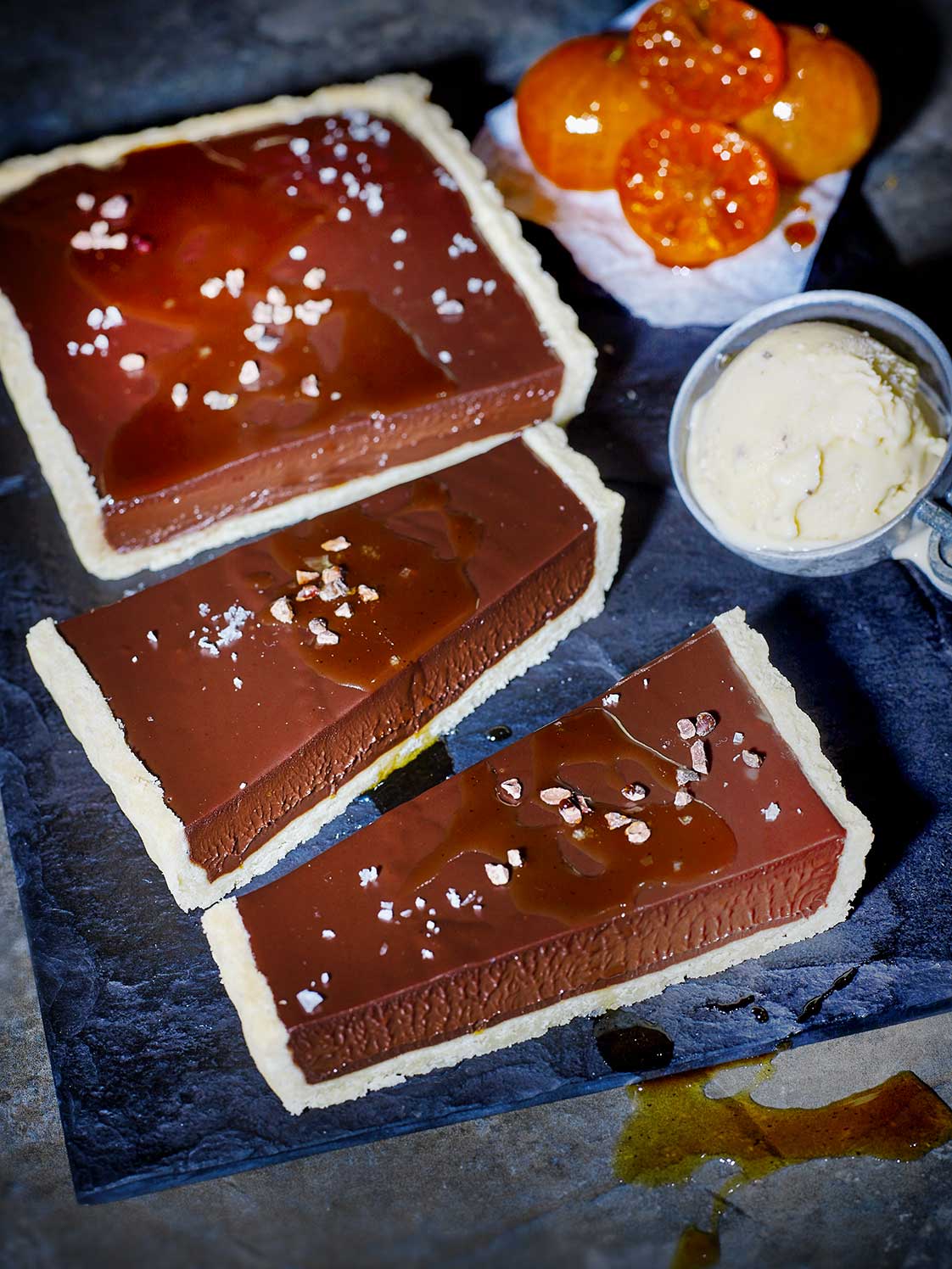 Salted Chocolate Tart with Burnt Honey and Black Tea Syrup