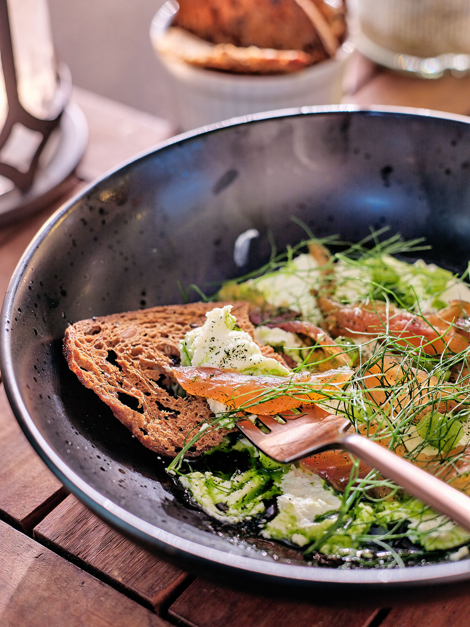 Gin-cured Ocean Trout, crème fraîche, apple, dill oil and croutes.