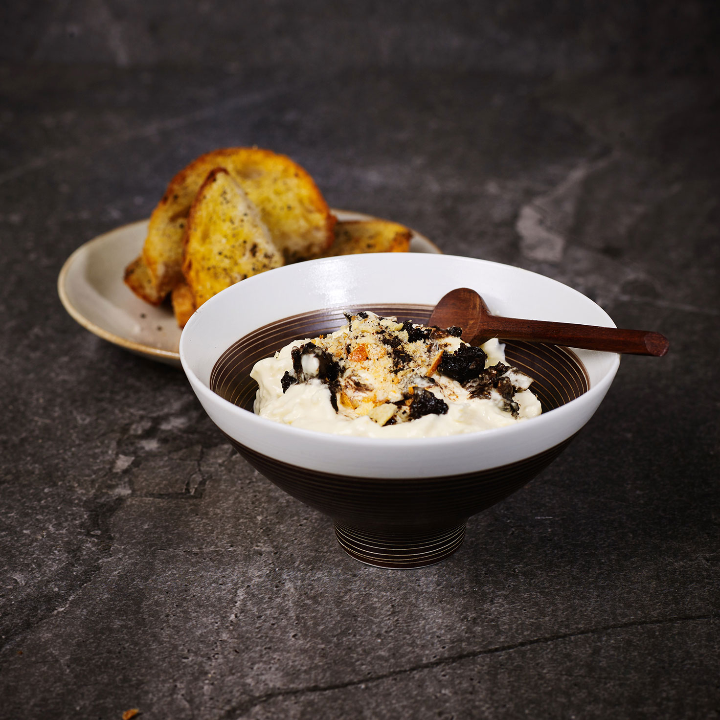 Stracciatella, Black Garlic and Brioche Crumb