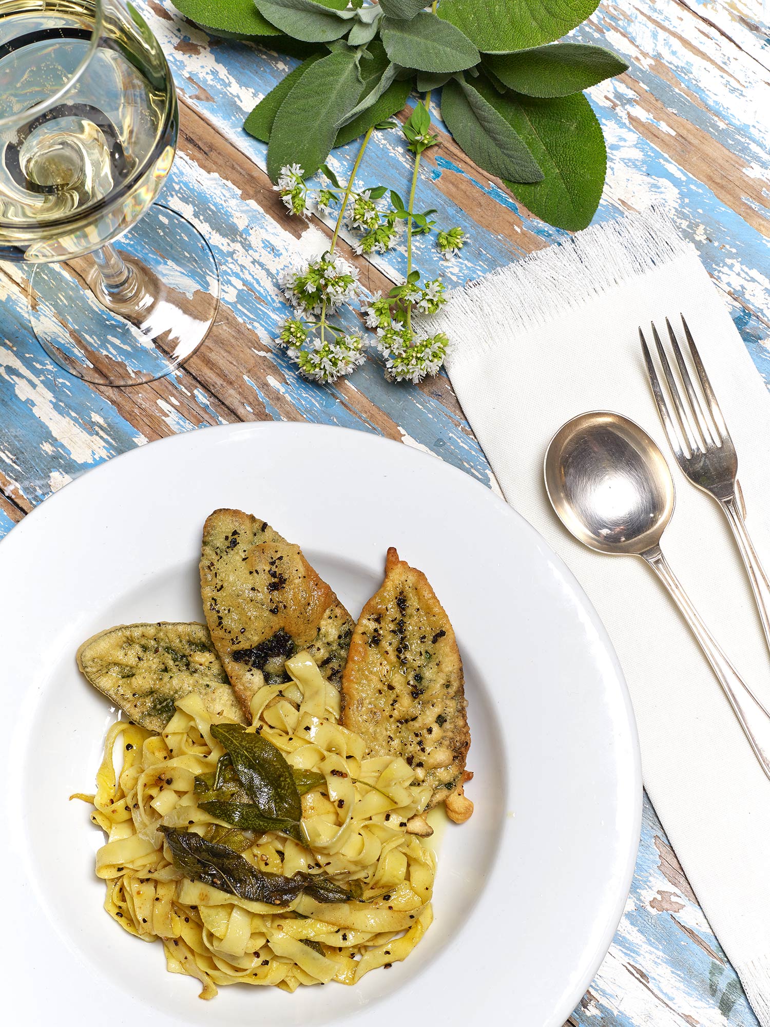 Fettuccine with sage, black peppercorns, salted butter and parmesan cheese