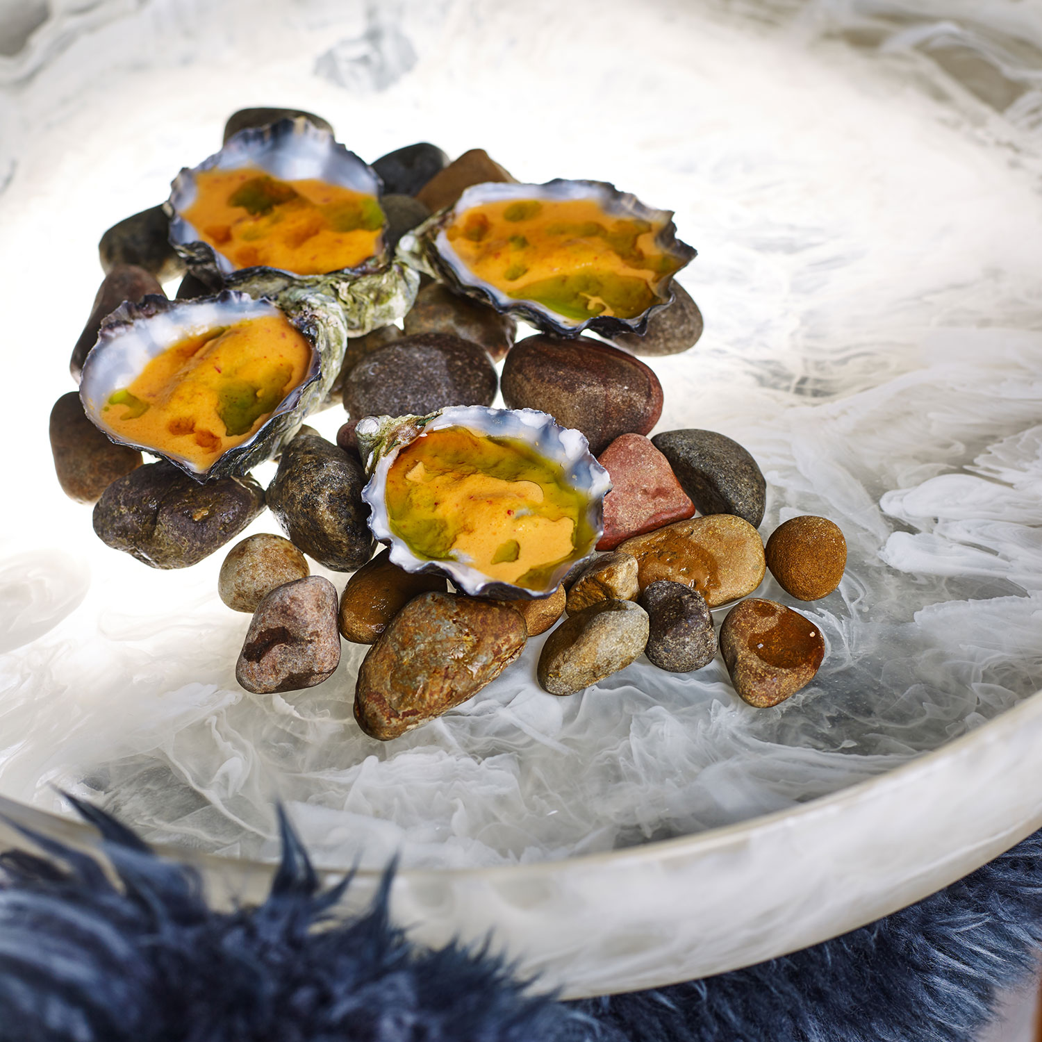 Steamed Bruny Island oysters, kimchi, spring onion and sesame