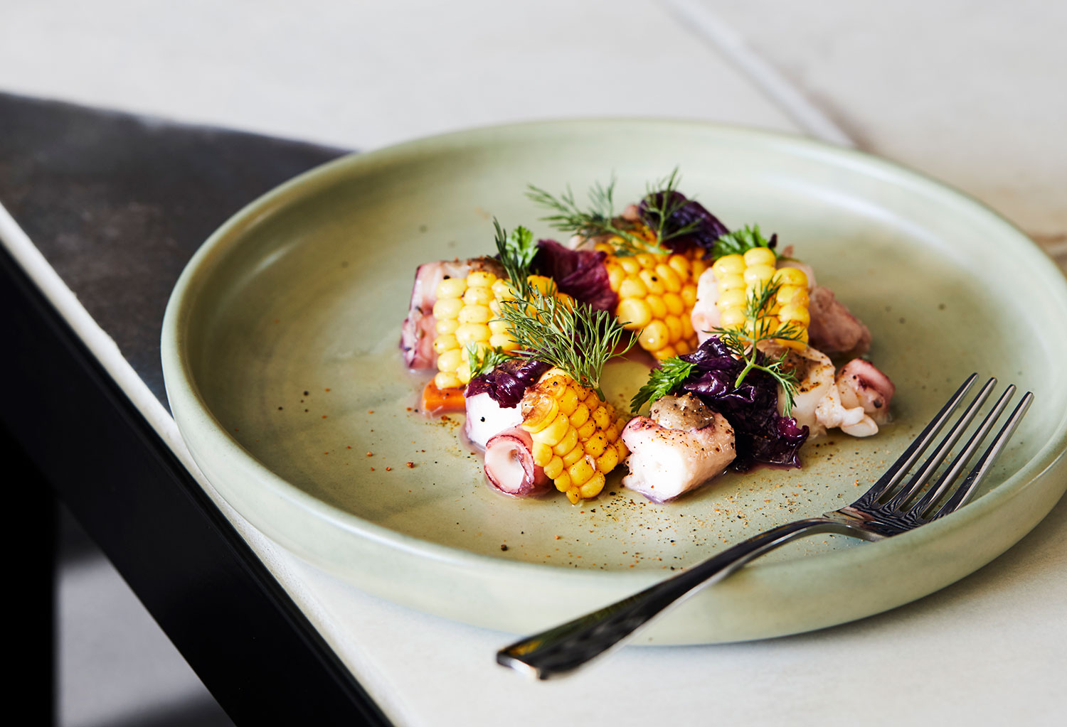 Grilled Octopus, black garlic mayonnaise, mussel powder, pickled corn, braised radicchio