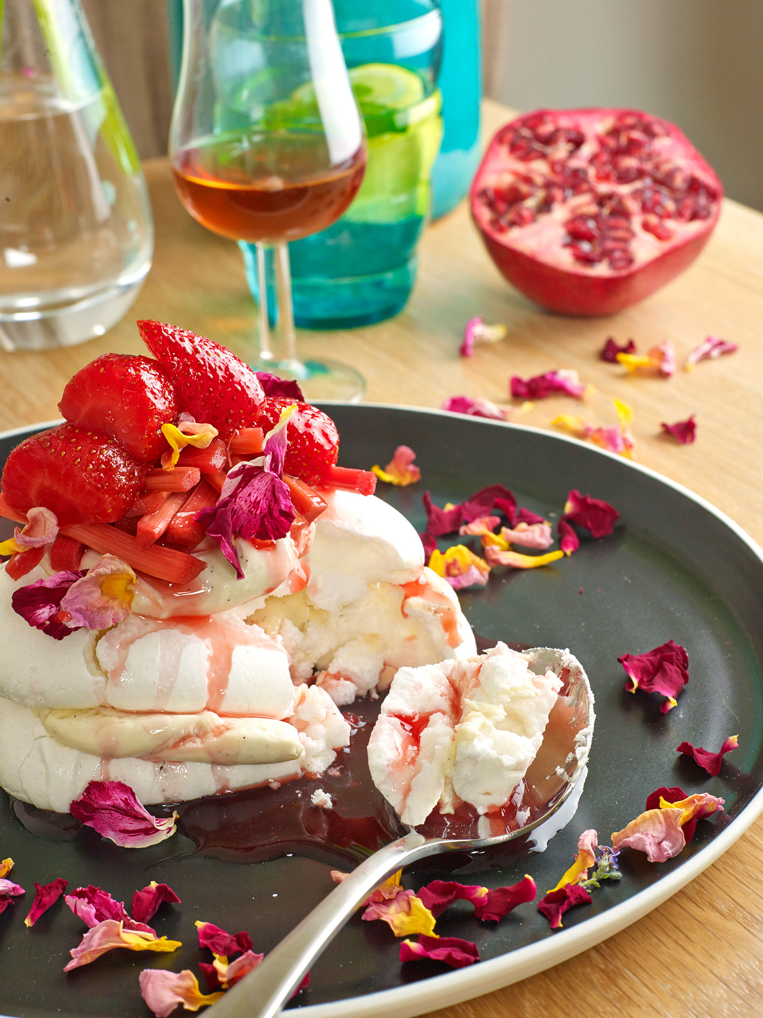 Rosewater Meringue with Poached Fruits