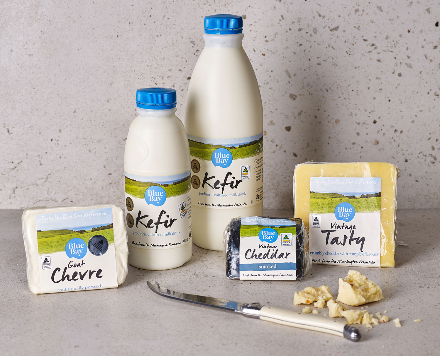 Blue Bay products, from left: Goat Chevre, Cow’s Milk Kefir, Vintage Cheddar, Vintage Tasty Cheese