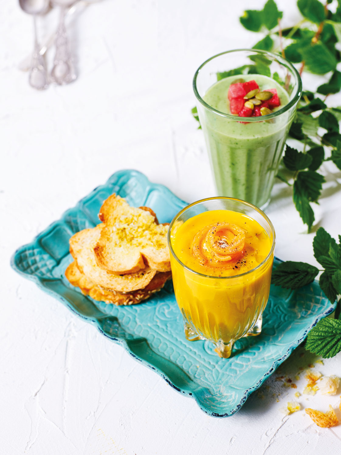 Cucumber Avocado Gazpacho with Watermelon, Mint and Pepitas