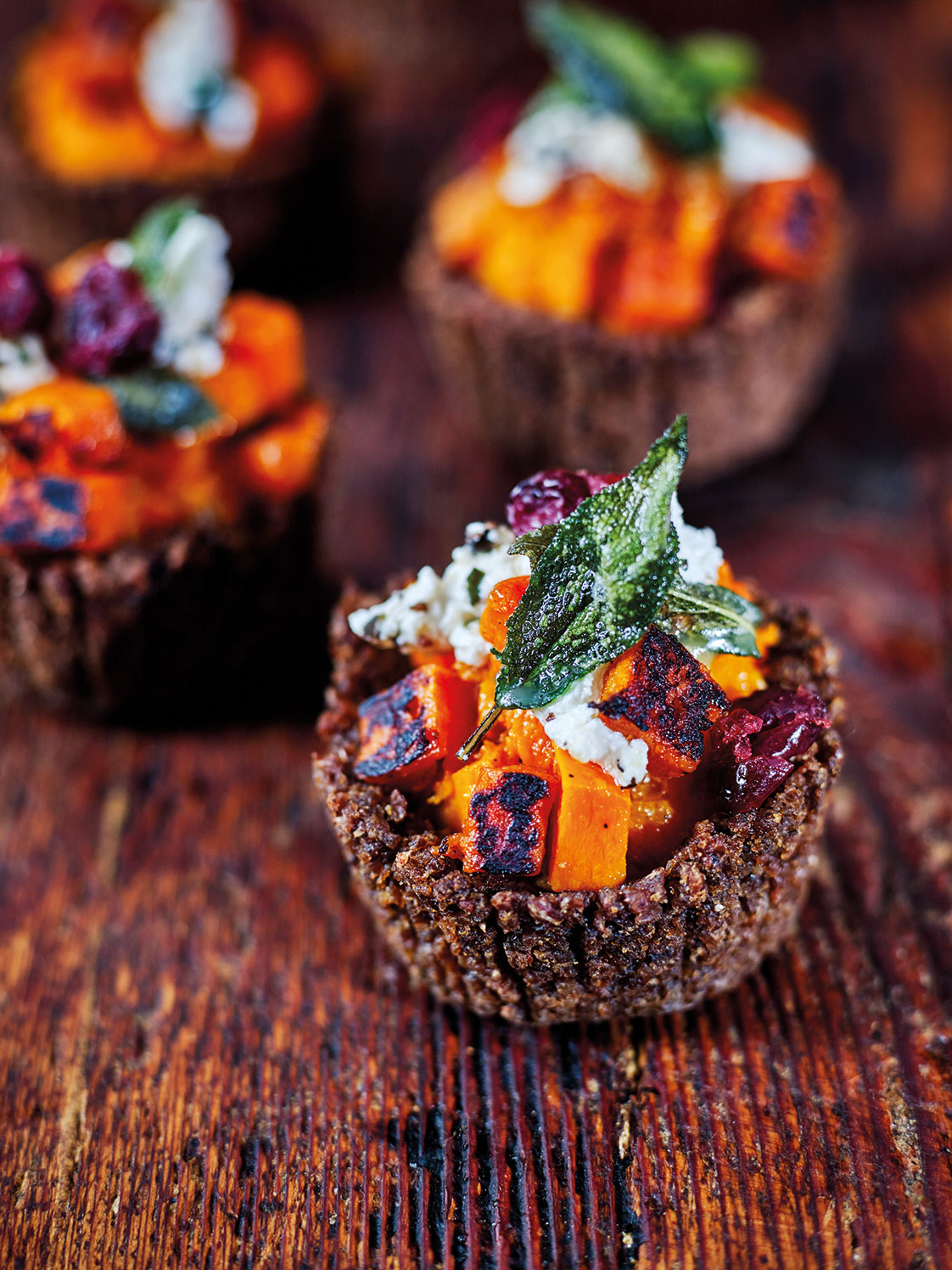 Pumpernickel Pumpkin Tartlets with burnt butter sage, Persian fetta and dried cranberries