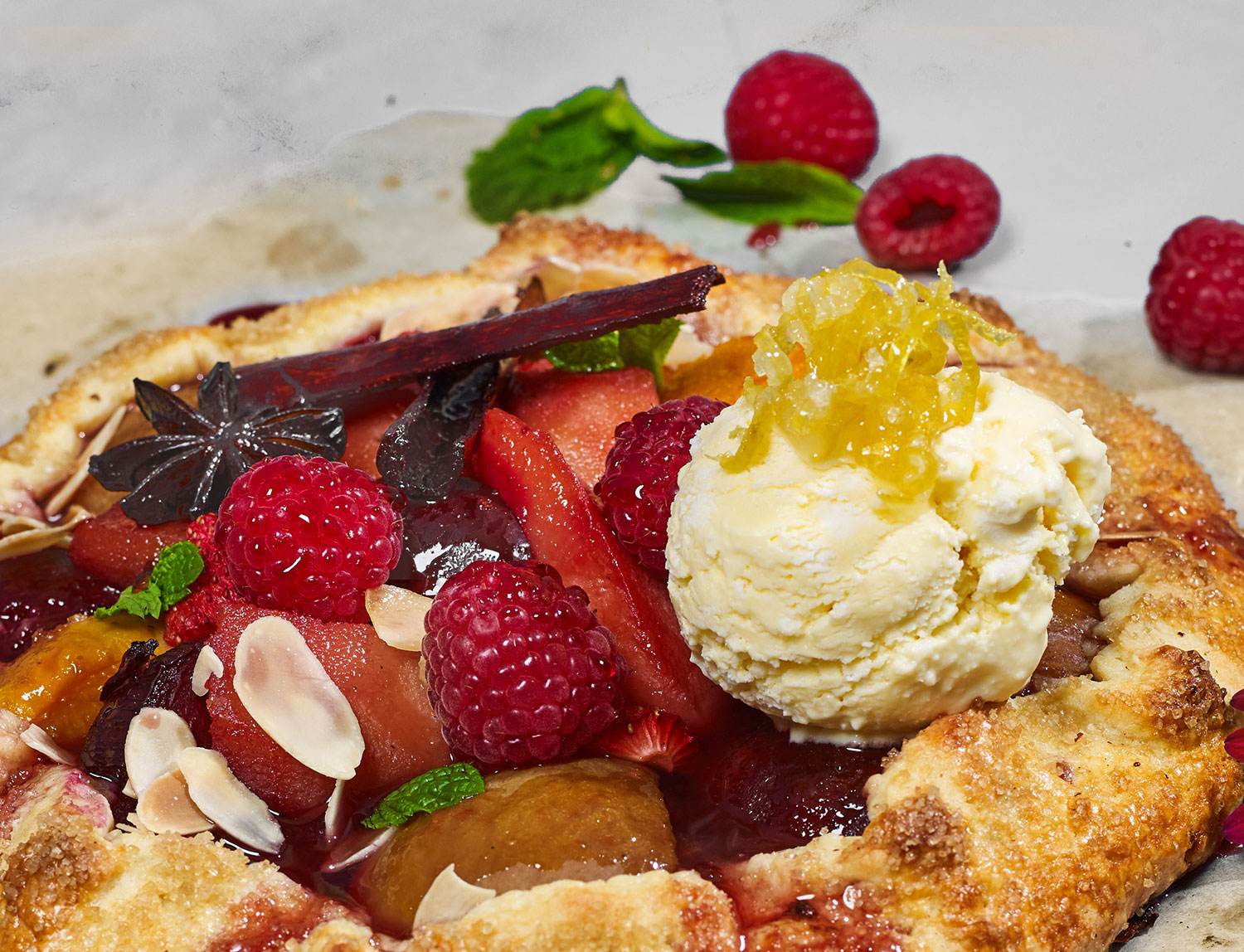 Poached Fruit Crostata Tart with Lemon Ricotta Ice cream