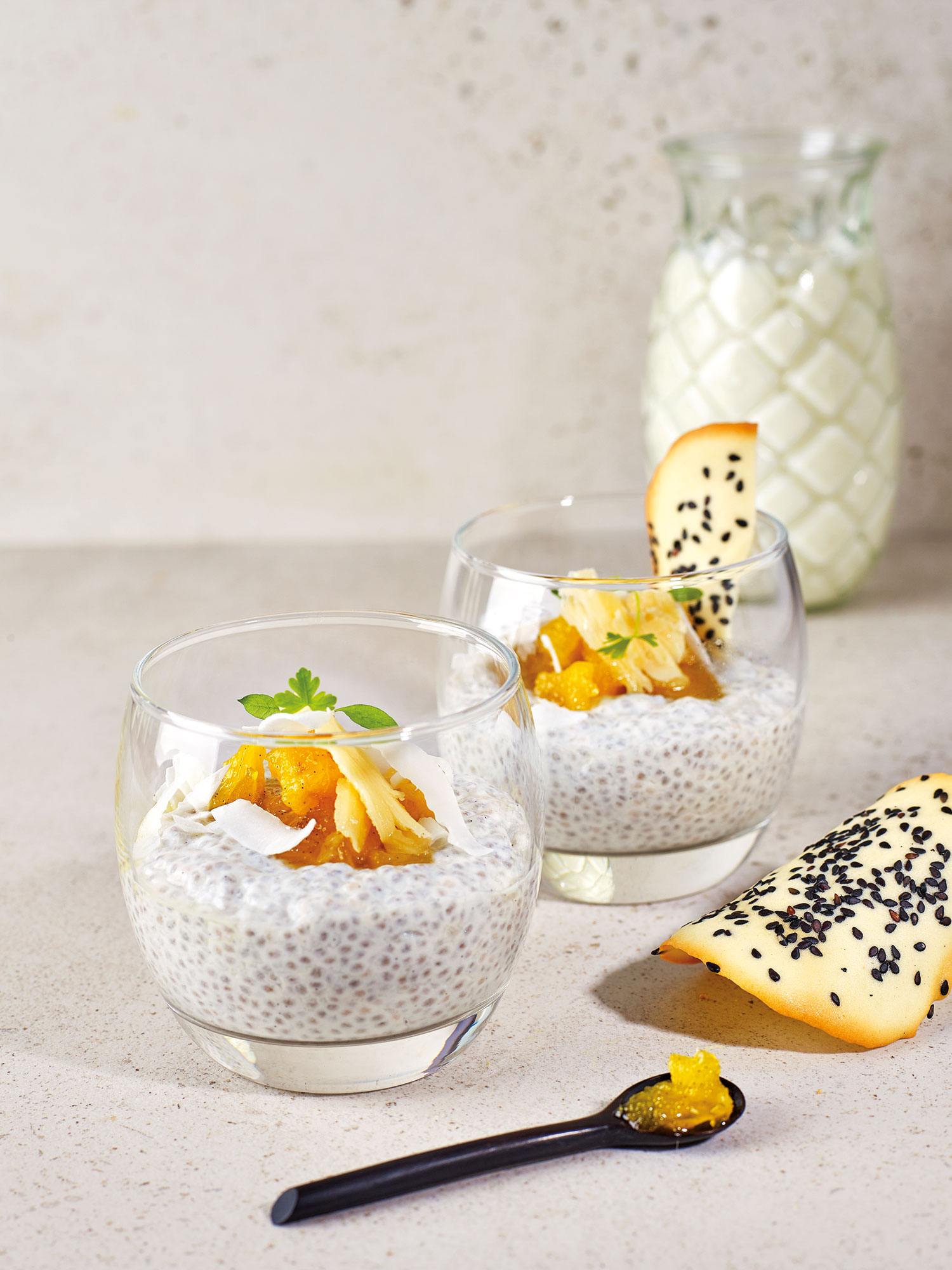 Kefir Coconut Lime Chia Seed Pudding with Pineapple Jam, Black Sesame Tuiles and Fresh Shaved Coconut