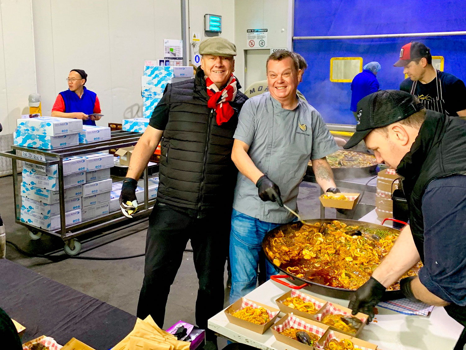 Chef Ian Curley makes hot meals each Saturday at Clamms Seafood as a part of their Help Hospo programme offers free boxes of seafood to hospitality workers who have lost their jobs and have been impacted by Covid-19.
