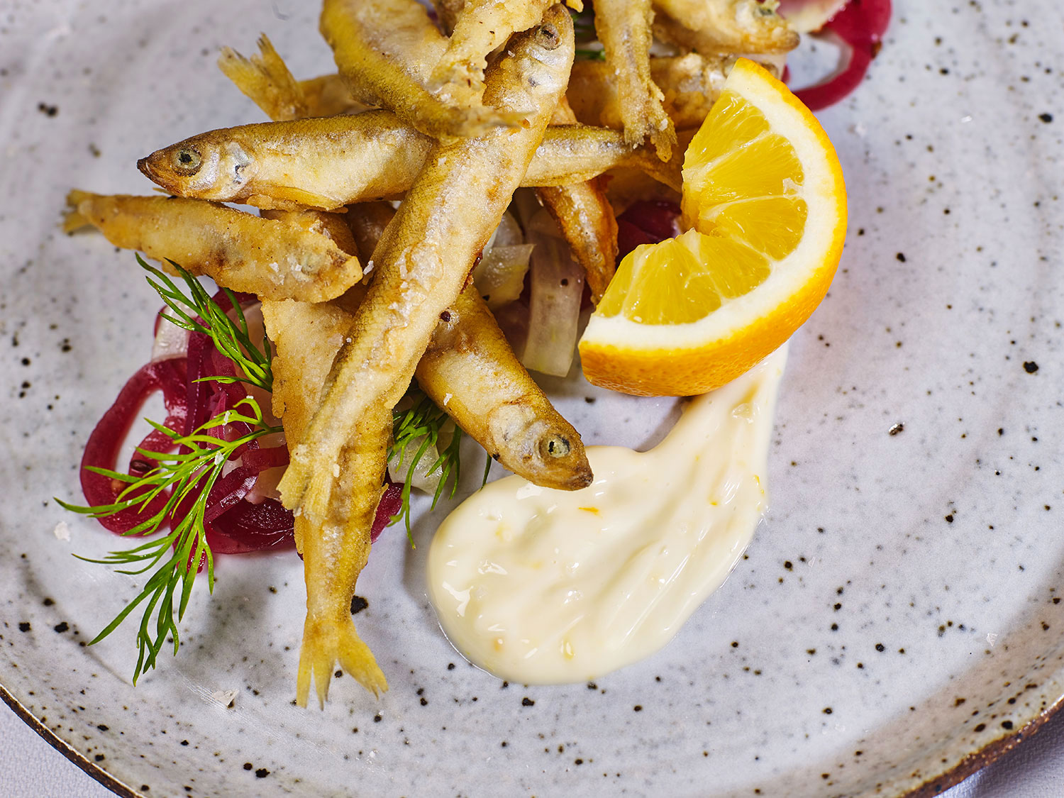 Crispy White Bait with Meyer Lemon Aioli, Pickled Golden Shallots & Fennel